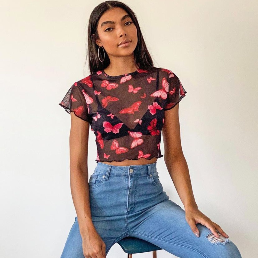 Sheer butterfly crop t-shirt